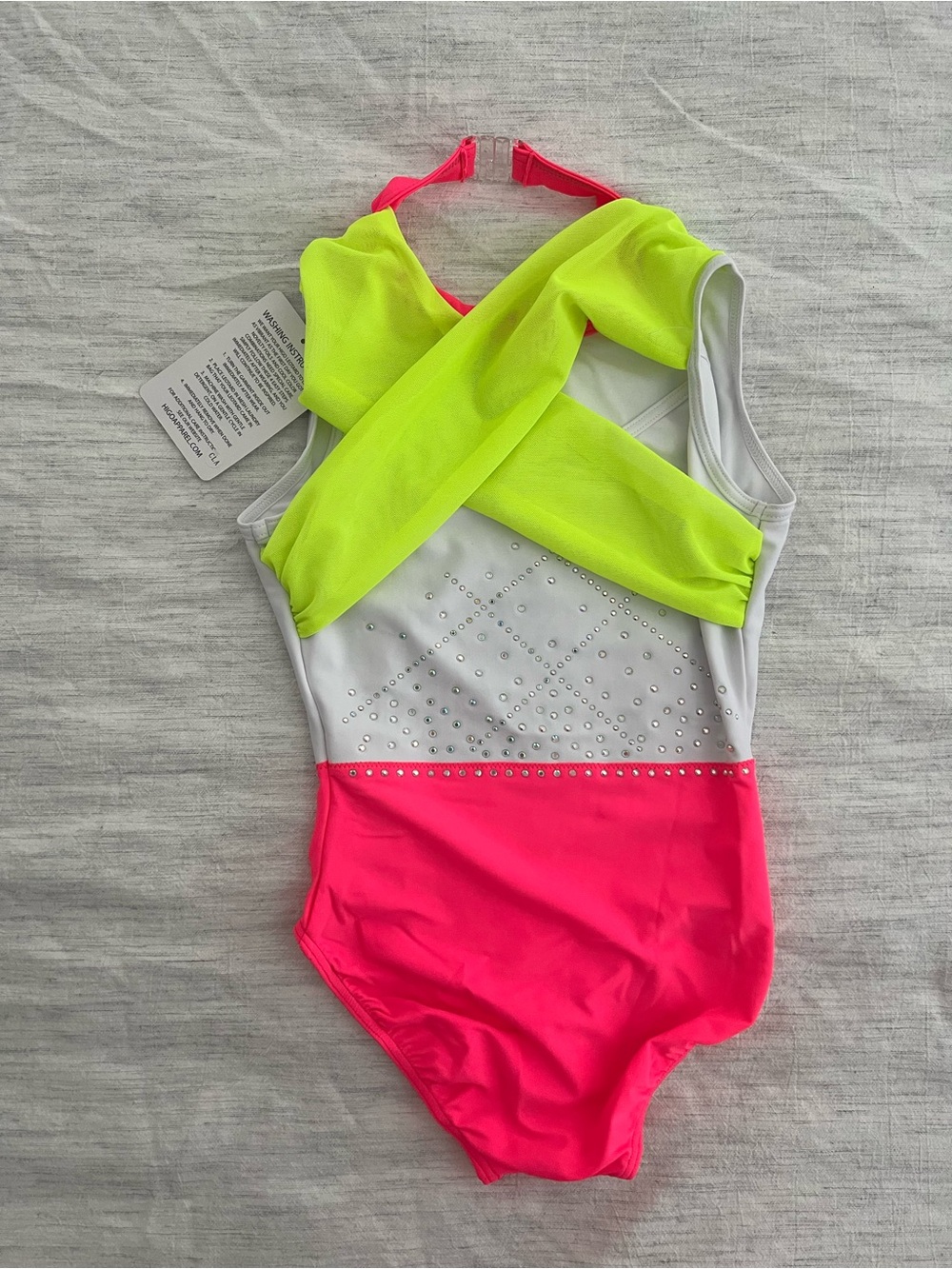White & Neon Pink Rhinestone Gymnastics Leotard - Picture 2 of 3